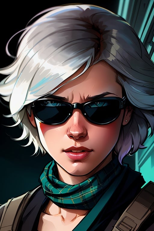 (dark shot:1.1), epic realistic, portrait of halo, sunglasses, blue eyes, tartan scarf, white hair by atey ghailan, by greg rutkowski, by greg tocchini, by james gilleard, by joe fenton, by kaethe butcher, gradient yellow, black, brown and magenta color scheme, grunge aesthetic!!! graffiti tag wall background, art by greg rutkowski and artgerm, soft cinematic light, adobe lightroom, photolab, hdr, intricate, highly detailed, (depth of field:1.4), faded, (neutral colors:1.2), (hdr:1.4), (muted colors:1.2), hyperdetailed, (artstation:1.4), cinematic, warm lights, dramatic light, (intricate details:1.1), complex background, (rutkowski:0.66), (teal and orange:0.4)