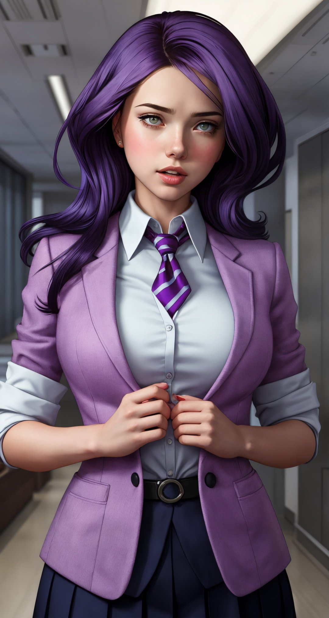 woman, solo, purple hair, blind eyes, office lady, ([Charlotte McKinney|Scarlett Johansson|Miranda Kerr]:0.85), middle shot, ( [stanleylau style|cherrmous style]:0.9), mixed media, [round breast]masterpiece, professional, high quality, beautiful, amazing, cyberpunk, 500px, meiji schoolgirl uniform, medium hair, masterpiece, highres,  4k, detailed background, atmospheric, (lyrical:0.8), by Dave McKean, by Janet Fish,