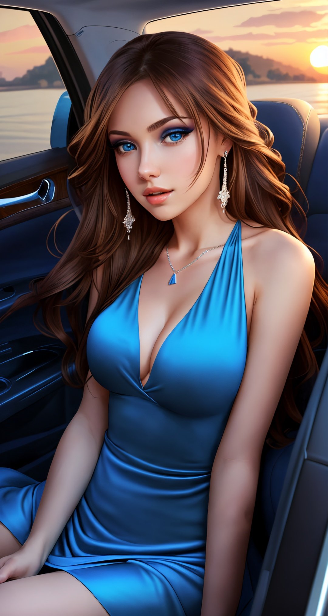 1girl, breasts, dress, long hair, jewelry, solo, earrings, cleavage, brown hair, blue dress, large breasts, looking at viewer, parted lips, blue eyes, sitting, bare shoulders, lips, sleeveless dress, sleeveless, makeup, sunset, car interior