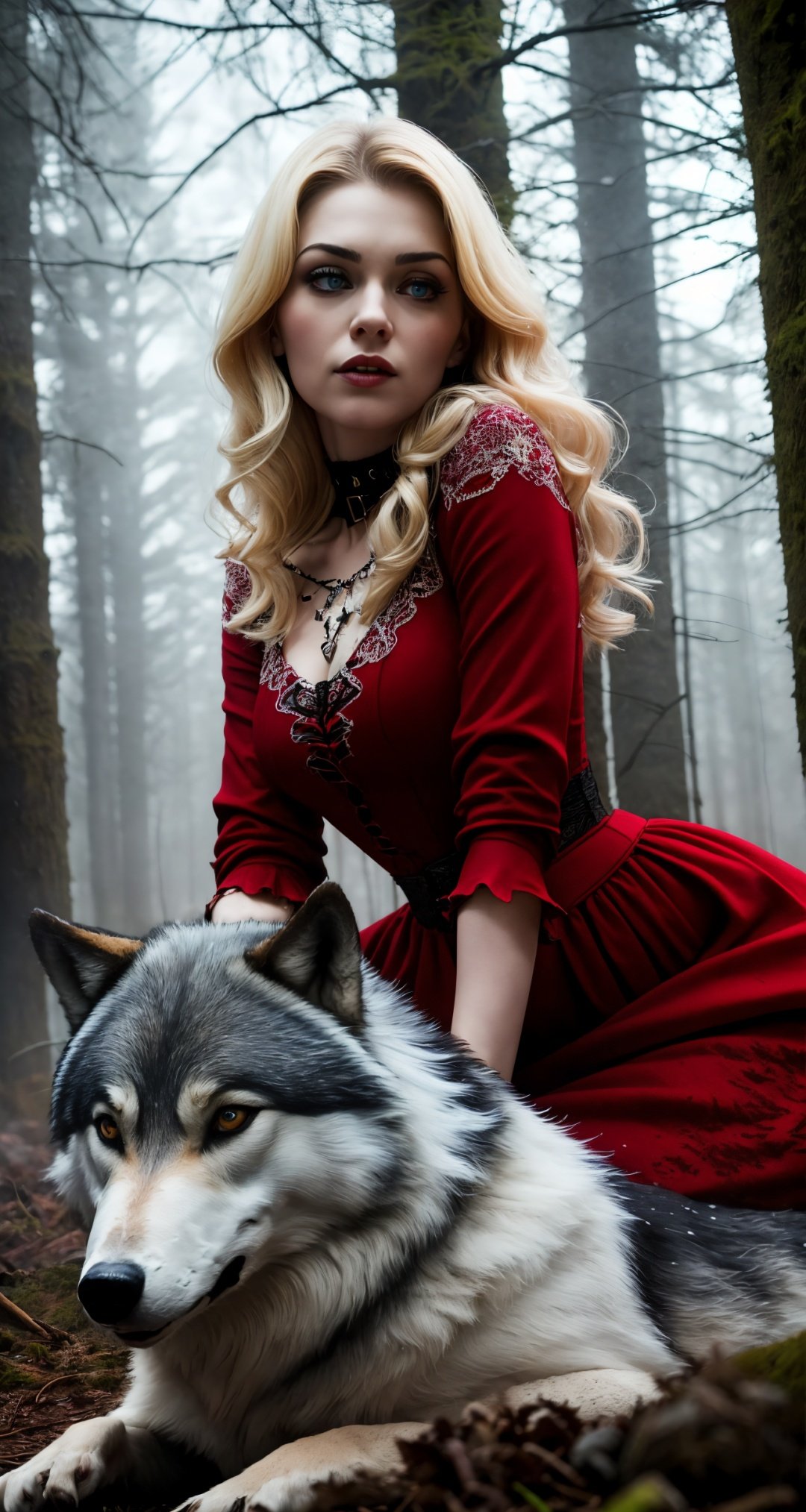 female and wolf, pale skin, ([Adrianne Palicki|Rachel Weisz|Emily Blunt]:0.9), Victorian red dress, blond hair, blue piercing eyes,shallow depth of field, nightfall, fog, snowing, wolf, dusk,highest quality, looking at the viewer, intricate details, forest, grave yard, gothic, goth, 