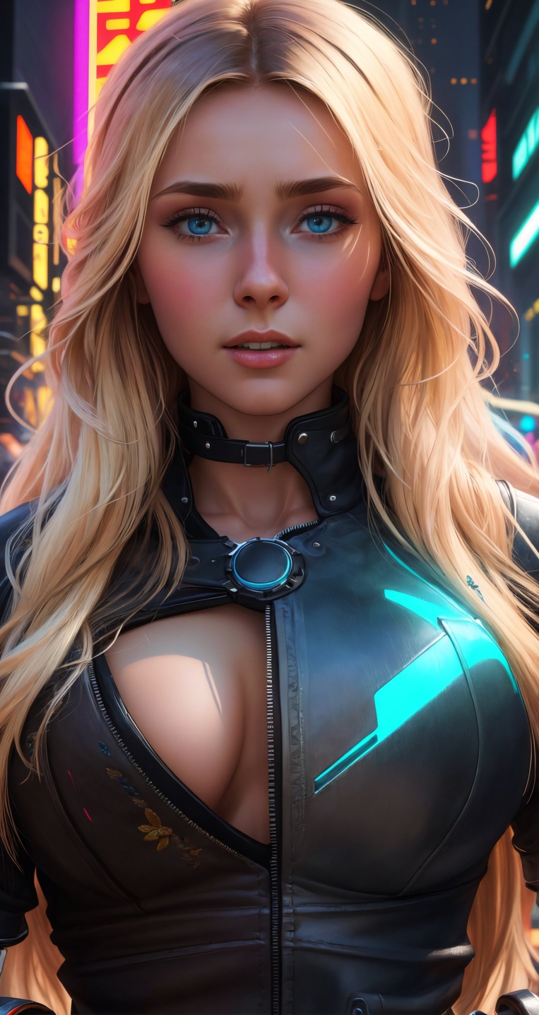 woman, solo, blond straight hair, lucid blue eyes, Scandinavian, swiss,glowing neon, colorful, close up,([Candice Swanepoel|Elizabeth Olsen|Hayden Panettiere]:0.85), middle shot, ( verism style :1.3), sci-fi, cyberpunk, visionary hypermaximalism, fantasy world, large breast, masterpiece, professional, high quality, beautiful, amazing, gothic, Getty Images, leather armor, fur, bracelets, embroidered, long hair, masterpiece, highres,  4k, detailed background, funny, (ruined:0.8), by Tyler Edlin, by Frederick McCubbin, 