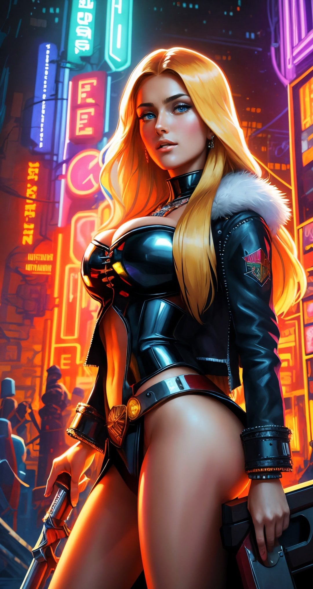 woman, solo, blond straight hair, lucid blue eyes, barbarian, primitive,glowing neon, colorful,([Salma Hayek|Alessandra Ambrosio|Thandiwe Newton]:0.85), middle shot, ( [samdoesart style|cherrmous style]:0.9), sci-fi, cyberpunk, Byzantine mosaic, fantasy world, large breast, masterpiece, professional, high quality, beautiful, amazing, anime, Flickr, leather armor, fur, bracelets, embroidered, long hair, masterpiece, highres,  4k, detailed background, hyperdetailed, (illuminated:0.8), by J.M.W. Turner, by Jon Whitcomb, 