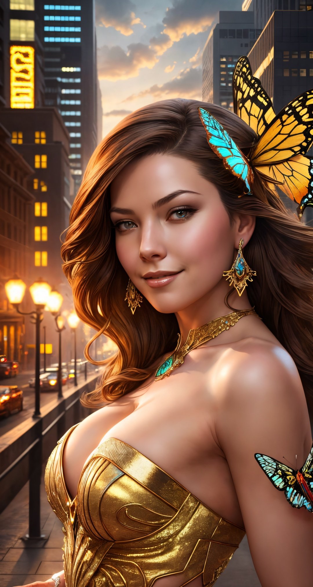 portrait of woman standing, jewelry, earrings, intricate gold and gems, brown hair, bare shoulders, upper body,butterfly hair ornament, strapless, cleavage, medium breasts, parted lips, scifi,naughty smile,([Jennifer Lawrence|Milla Jovovich|Adrianne Palicki]:0.8), sexy, sensual,facing viewer,  mid shot, breast focus,side lighting, masterpiece, detailed, hdr, city in the background, (cyborg:0.8),intricate, elegant, highly detailed, majestic, digital photography, stanleylau style,broken glass,