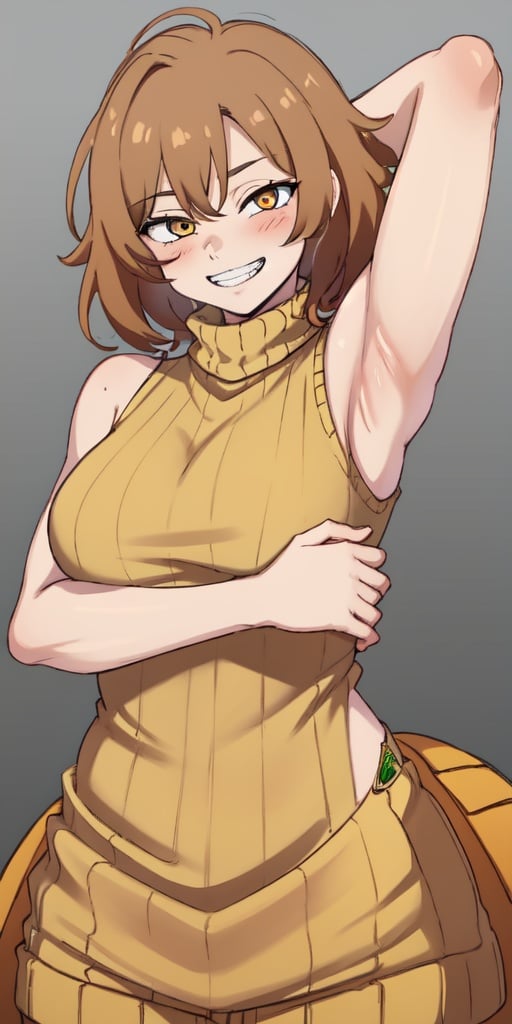 masterpiece,best quality,detailed faces and eyes,1girl, breasts, orange_shirt, solo, short_hair, smile, sweater, turtleneck, ribbed_sweater, blush, sleeveless, orange_sweater, looking_at_viewer, brown_eyes, outline, blonde_hair, upper_body, bare_shoulders, brown_hair, grin, sleeveless_turtleneck, yellow_eyes