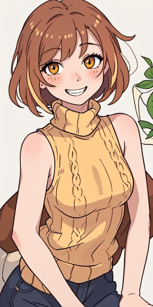masterpiece,best quality,detailed faces and eyes,1girl, breasts, orange_shirt, solo, short_hair, smile, sweater, turtleneck, ribbed_sweater, blush, sleeveless, orange_sweater, looking_at_viewer, brown_eyes, outline, blonde_hair, upper_body, bare_shoulders, brown_hair, grin, sleeveless_turtleneck, yellow_eyes,cartoon 