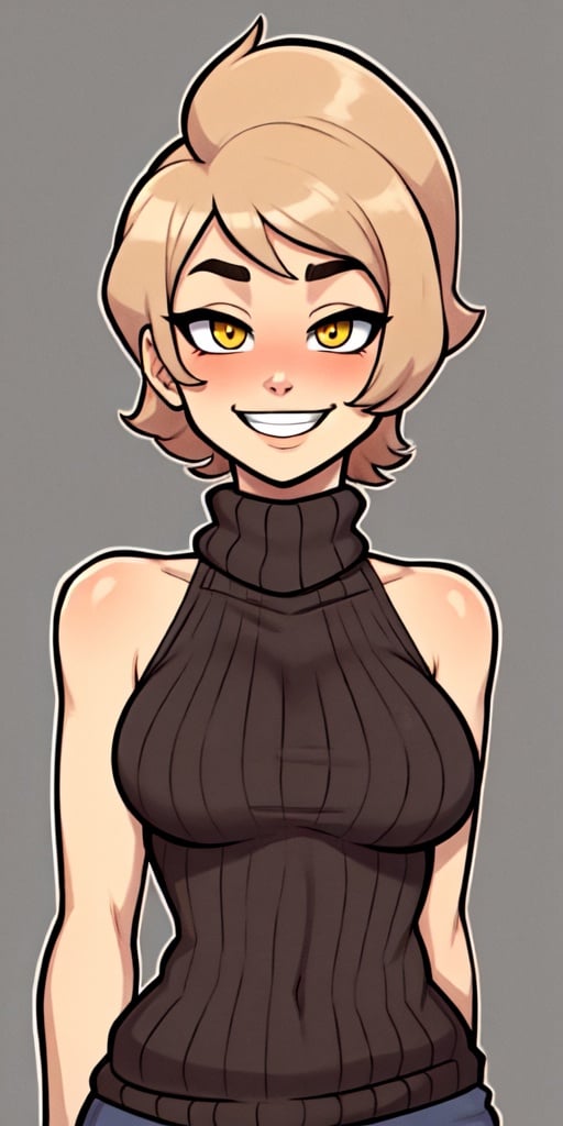 masterpiece,best quality,detailed faces and eyes,1girl, breasts, orange_shirt, solo, short_hair, smile, sweater, turtleneck, ribbed_sweater, blush, sleeveless, orange_sweater, looking_at_viewer, brown_eyes, outline, blonde_hair, upper_body, bare_shoulders, brown_hair, grin, sleeveless_turtleneck, yellow_eyes,cartoon 