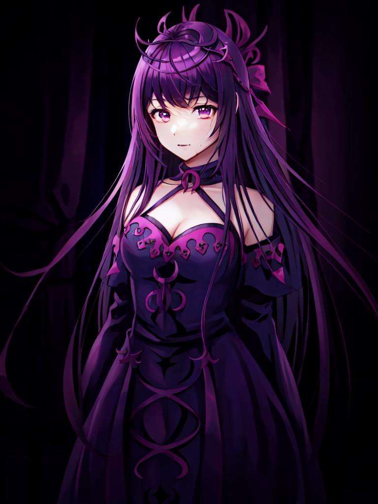 <lora:Ivy_FEv2-10:0.8>, ivy fe, (lo gothic:1.4), black and purple dress, indoors, (dim lighting:1.2), rim lighting, (lowkey:1.3)