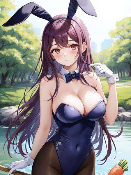 <lora:Ivy_FEv2-10:0.6>, ivy fe, 1girl, solo, breasts, looking at viewer, blush, large breasts, nature, pond, trees, park, gloves, holding, animal ears, cleavage, bare shoulders, jewelry, very long hair, closed mouth, pantyhose, earrings, rabbit ears, leotard, fake animal ears, playboy bunny, carrot, vegetable