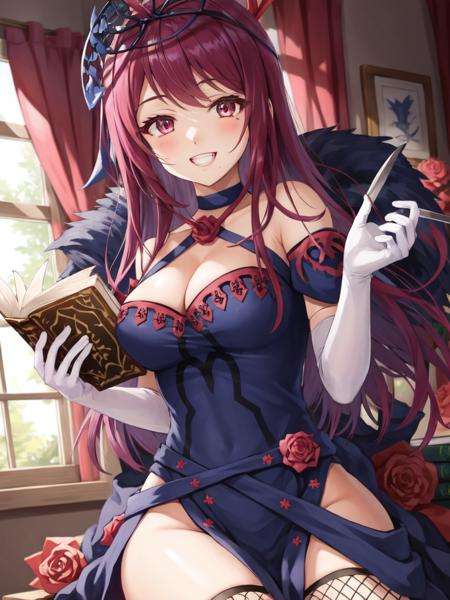 <lora:Ivy_FEv2-10:0.8>, ivy fe, 1girl, solo, looking at viewer, smile, bangs, thighhighs, gloves, dress, holding, cleavage, bare shoulders, flower, horns, teeth, choker, elbow gloves, white gloves, mole, book, mask, blue dress, rose, halterneck, red flower, fishnets, holding book, red rose, open book, dragon, fishnet thighhighs