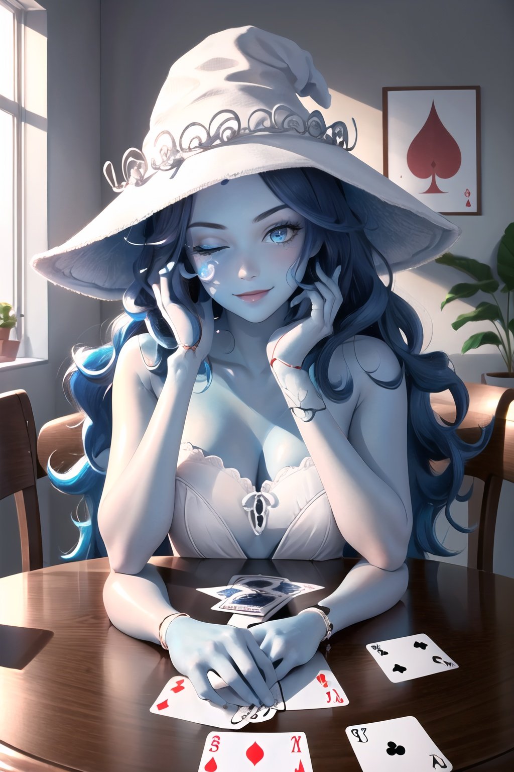 Highly detailed, High Quality, Masterpiece, beautiful, Ranni, <lora:Ranni:0.8>, 1girl, solo, wavy hair, blue skin, cracked skin, extra arms, seductive smile, PlayingCards, holding, card, table, holding card, sitting, indoors, playing card, pov across table, <lora:Pos_PlayingCards:0.5>