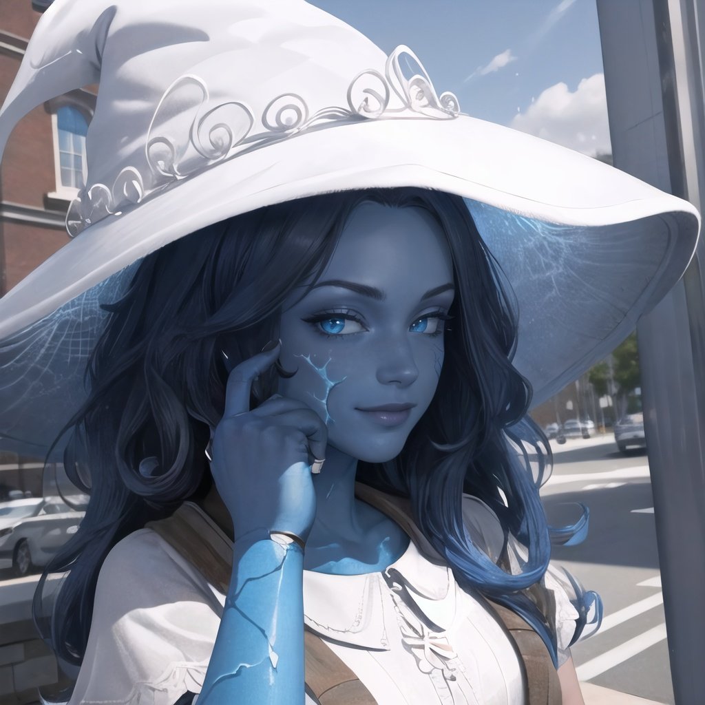 Highly detailed, High Quality, Masterpiece, beautiful, RollSafeMeme, <lora:RollSafeMeme-05:1>, 1girl, solo smile, Ranni, wavy hair, blue skin, cracked skin, extra arms, dress, <lora:Char_EldenRing_Ranni:0.9>