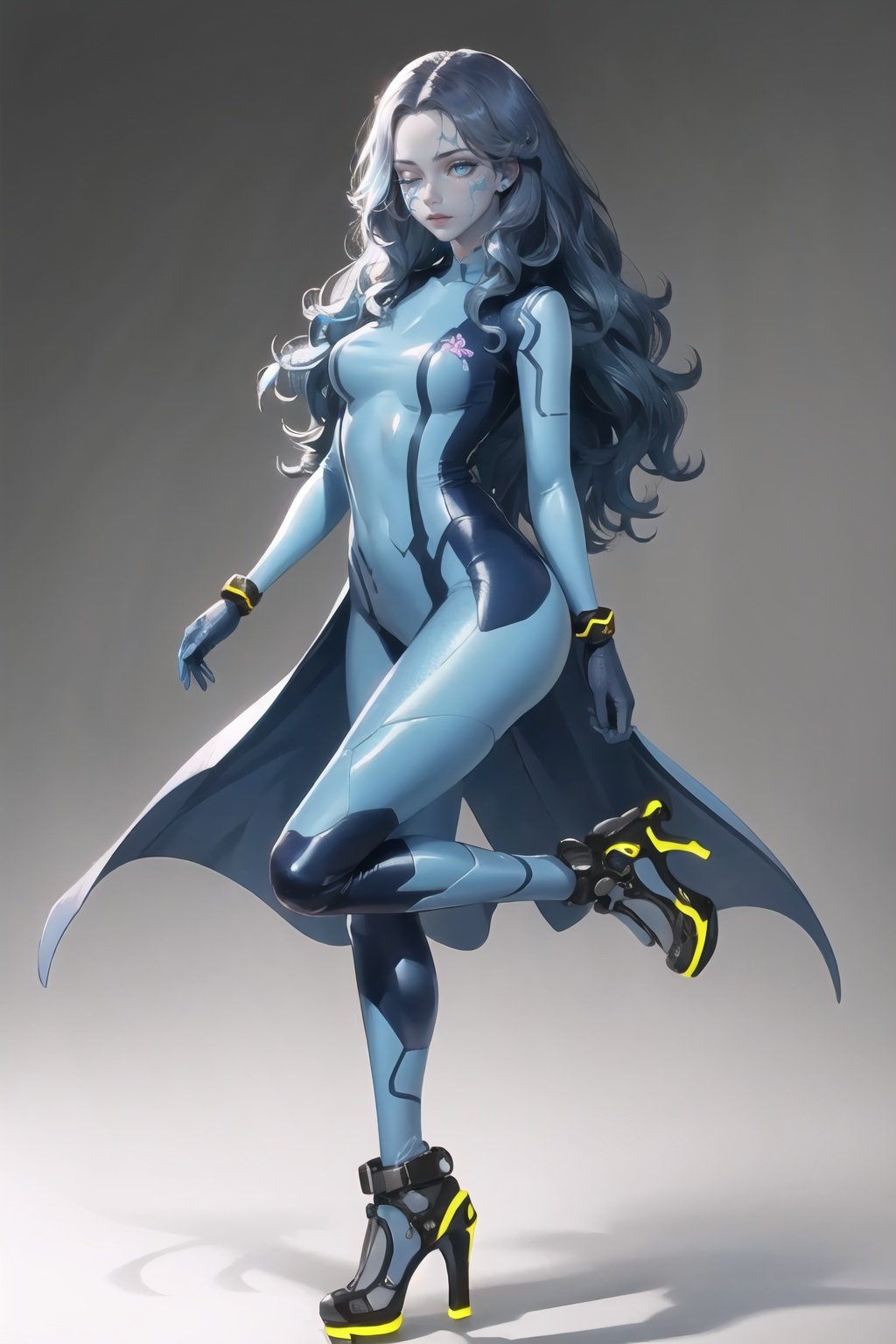 Highly detailed, High Quality, Masterpiece, beautiful, Ranni, <lora:Ranni:1>, 1girl, solo, wavy hair, (blue skin, cracked skin:1.3), extra arms, zero suit, blue gloves, high heels, <lora:Outfit_ZeroSuit:0.9>