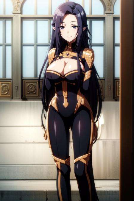 1girl, bodysuit, breasts, cleavage, cleavage_cutout, full_body, large_breasts, long_hair, looking_at_viewer, pointy_ears, smile, solo, standing, very_long_hair,