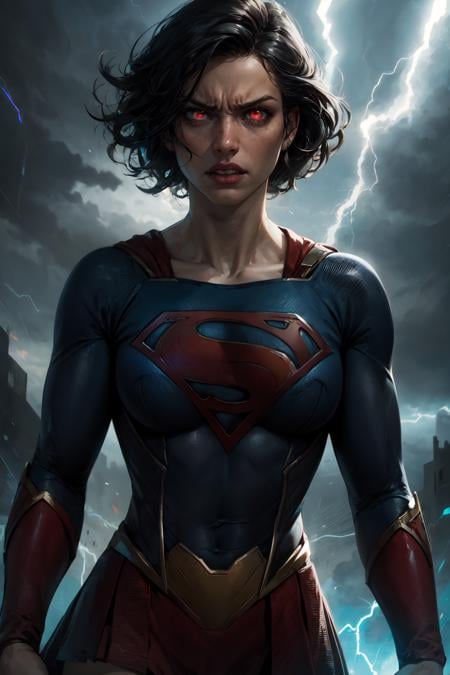 cowboy shot of supergirl, short black hair, glowing red eyes, angry, storm clouds, realistic