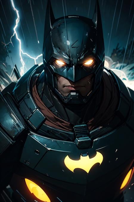 from above, portrait of batman in heavy power armor, mask, night, rain, cape, pauldrons, glowing eyes, lightning, film grain