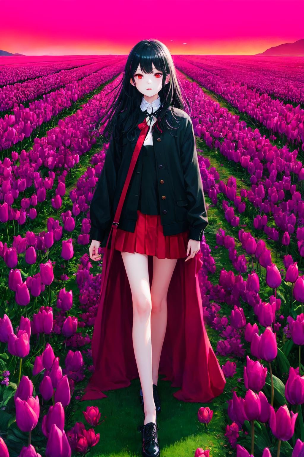 Polychrome, 1girl, black hair, red eyes, red simple background, black tulip, full body, field,