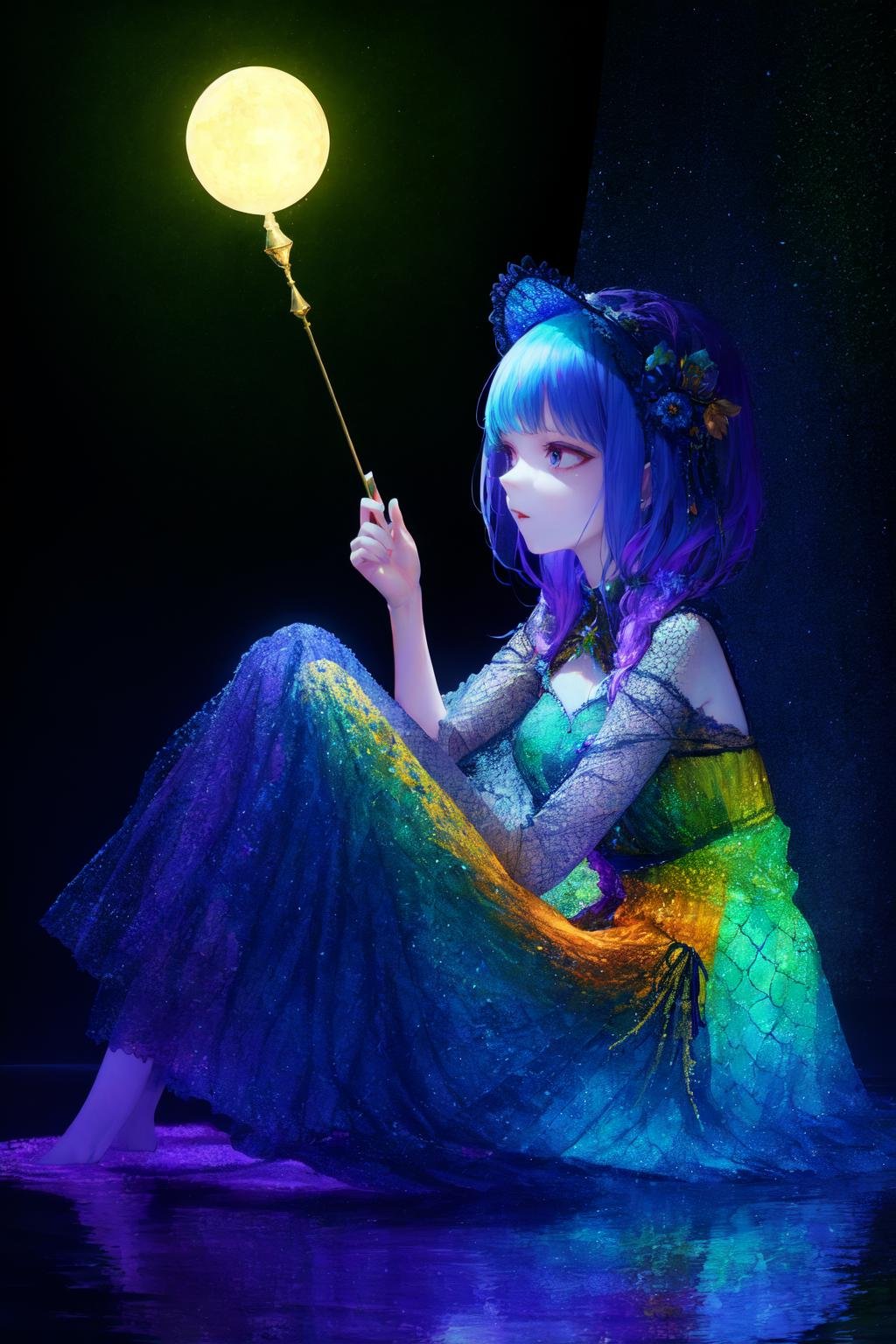 Polychrome, 1girl, fish scale dress, refraction, night, dark,