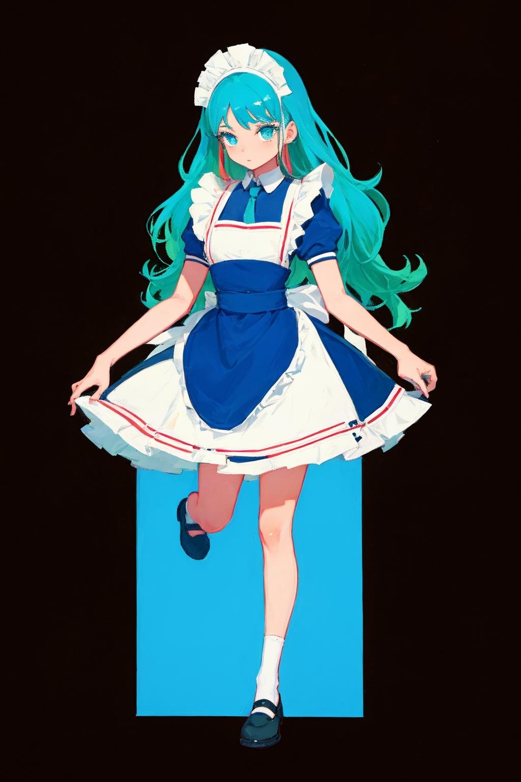 Polychrome, black background, 1girl, blue outline, full body, maid,