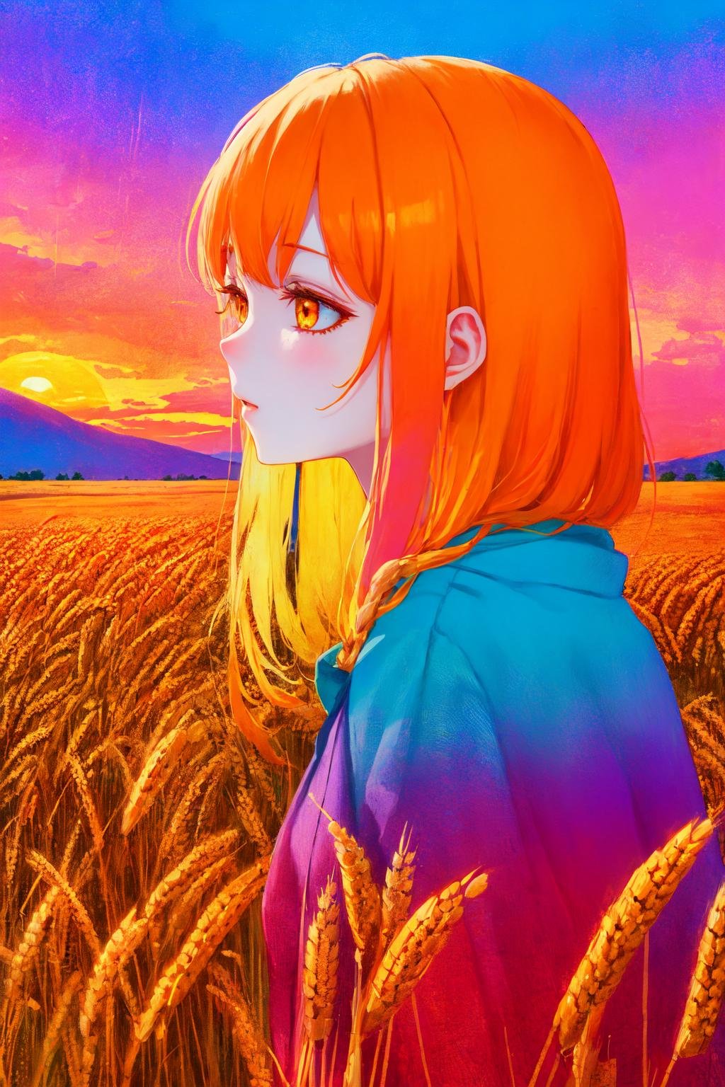 Polychrome, limited palette, colorful, scenery, 1girl, wheat field, orange hair, gold eyes, sunset,