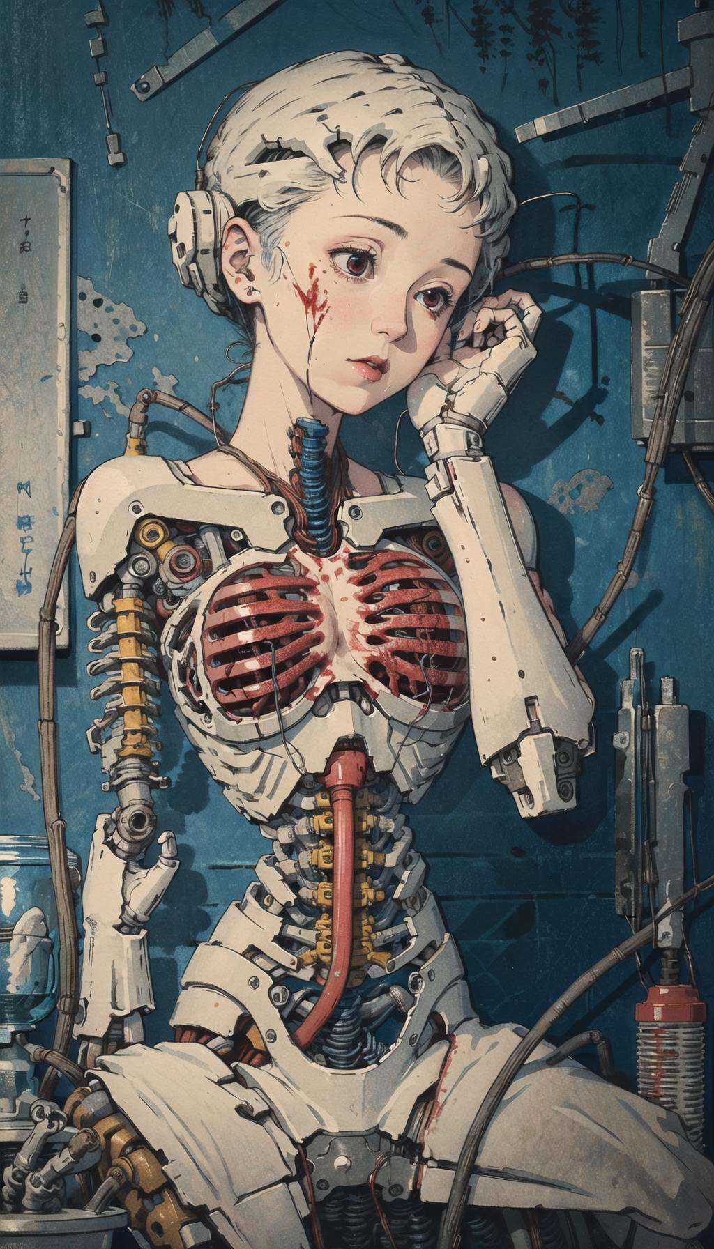 <lora:Ukiyo-e:0.6>, ukiyo-e, (((masterpiece))), (((best quality))), ((ultra-detailed)), (highly detailed CG illustration), ((an extremely delicate and beautiful)),(cute delicate face),cinematic light,((1mechanical girl)),solo,full body,(machine made joints:1.4),((machanical limbs)),(explosed muscles),(blood vessels connected to tubes),(a brain in container:1.3),((mechanical vertebra attaching to back)),((mechanical cervial attaching to neck)),((sitting)),expressionless,(wires and cables attaching to head and body:1.5),small breasts,short hair,(character focus),science fiction