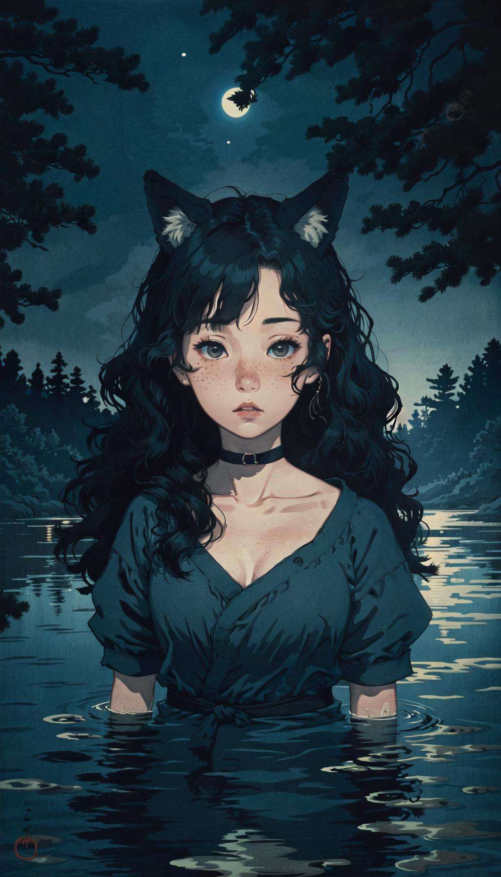 <lora:Ukiyo-e:0.65>, ukiyo-e, 1girl, in water, freckles, ripples, long hair, wavy hair, upper body, forest, fox ear, choker, looking at viewer, moon, night, dark photo, blurry background