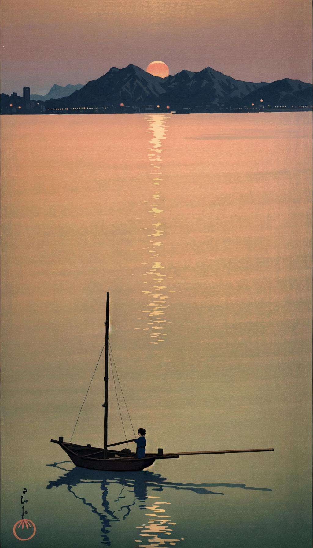 <lora:Ukiyo-e:0.65>, ukiyo-e, a golden hour painting of the traditional wooden fishing boats dotting Amanohashidate bay against the glow of the setting sun