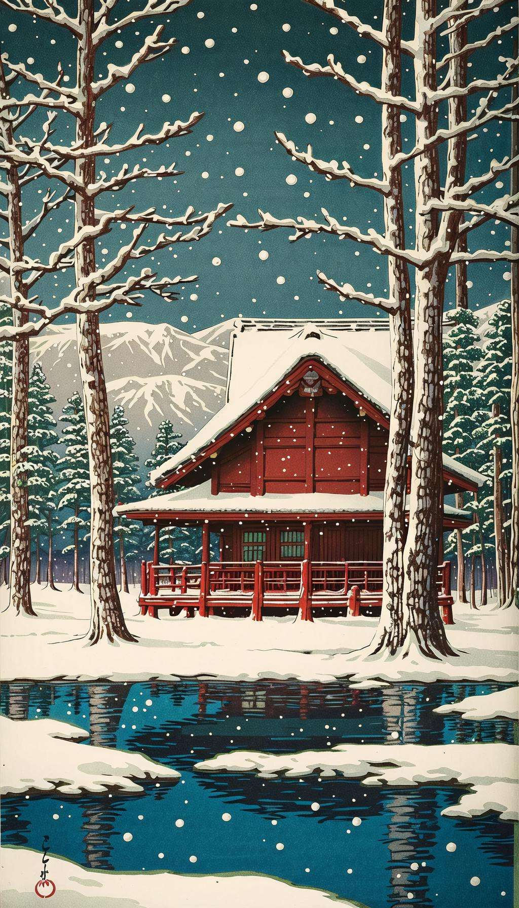 <lora:Ukiyo-e:0.65>, ukiyo-e, A hidden cabin in a snowy forest, surrounded by tall, snow-capped trees and a sense of tranquility.Best quality, masterpiece, official art