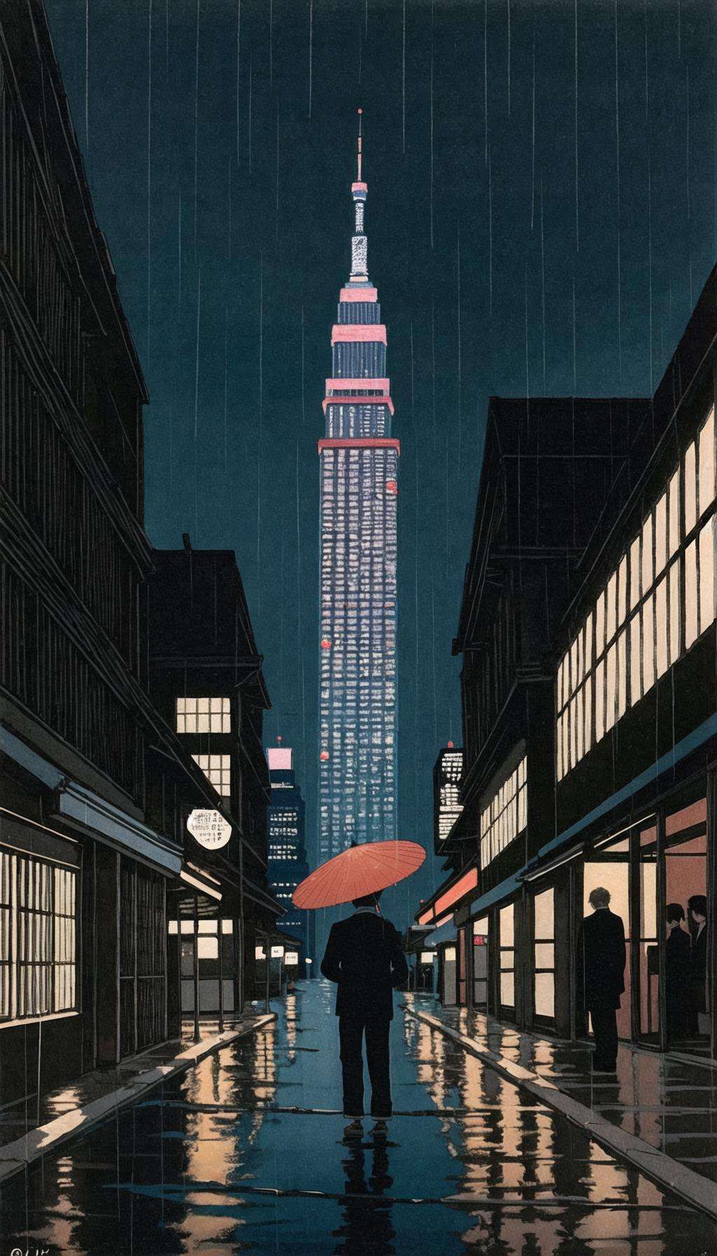 <lora:Ukiyo-e:0.4>, ukiyo-e, a rainy day painting of a figure standing alone under an umbrella gazing up at the crowded walkways of floating skyscrapers lit with artificial starlight, official art, Best quality, masterpiece, 