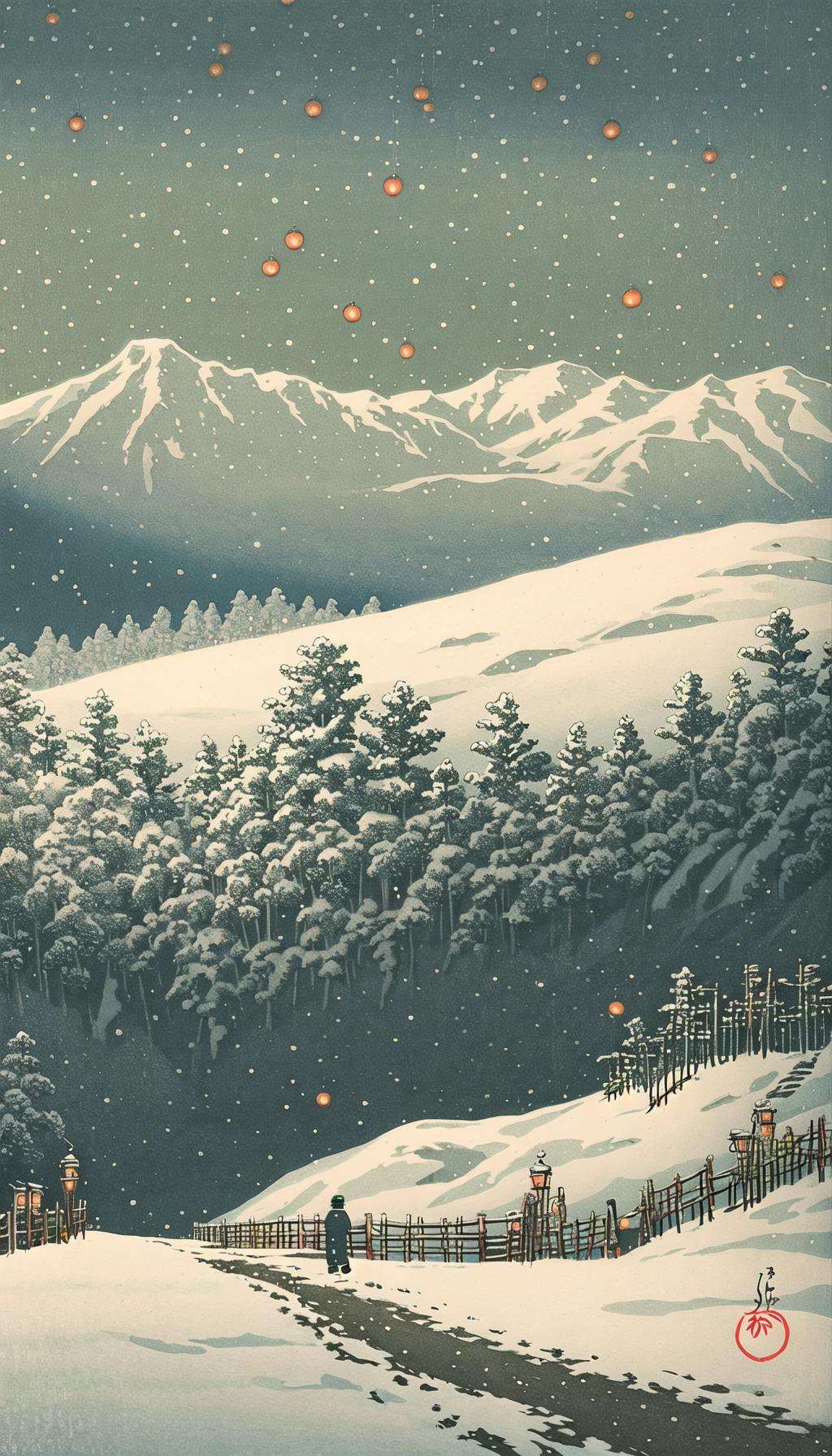 <lora:Ukiyo-e:0.65>, ukiyo-e, A mountain path illuminated by lanterns on a snowy day, winding through a serene winter landscape.Best quality, masterpiece, official art