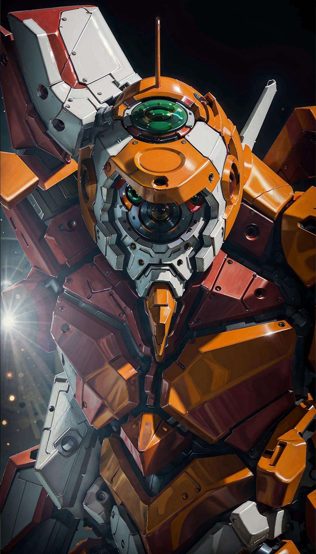 (eva 00:1.2), evagod, evangelion mecha, science fiction, looking at viewer, (official art, Best quality, masterpiece:1.2), illustration, high res, beautiful abstract background, Futurism, cyberpunk, intense angle, close-up, <lora:EVAIII:0.6>