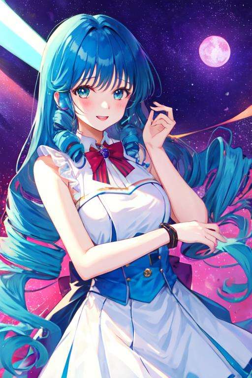 lynn minmay, 1girl, solo, blue hair, twin drills, 