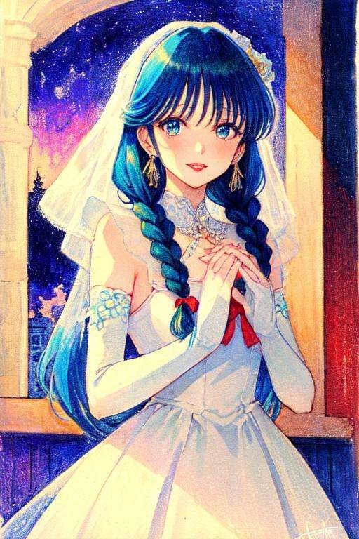 lynn minmay, 1girl, solo, monochrome, braid, looking at viewer, dress, long hair, traditional media, signature, bangs, makeup, own hands together, black hair, upper body, lipstick, drill hair, artist name, twin braids, bridal gauntlets, sleeveless