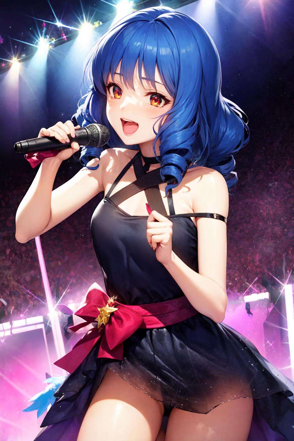 lynn minmay, 1girl, solo, twin drills, blue hair, upper body, bare shoulders, black dress, sparkle, microphone, idol, singing, 