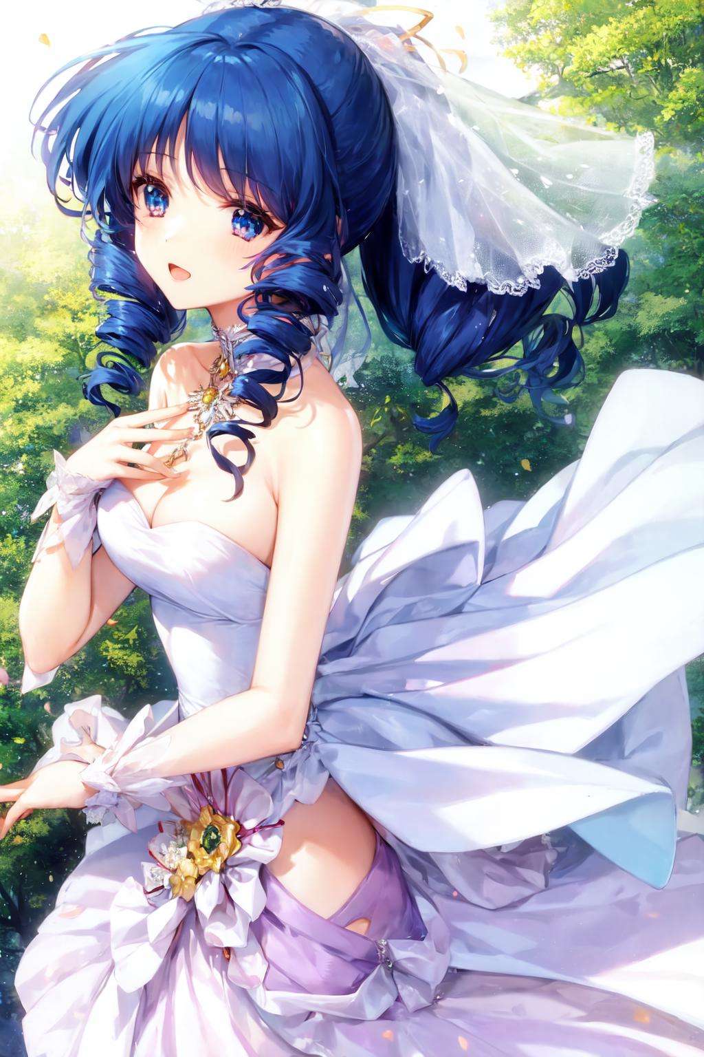 lynn minmay, 1girl, solo, twin drills, blue hair, wedding dress, 