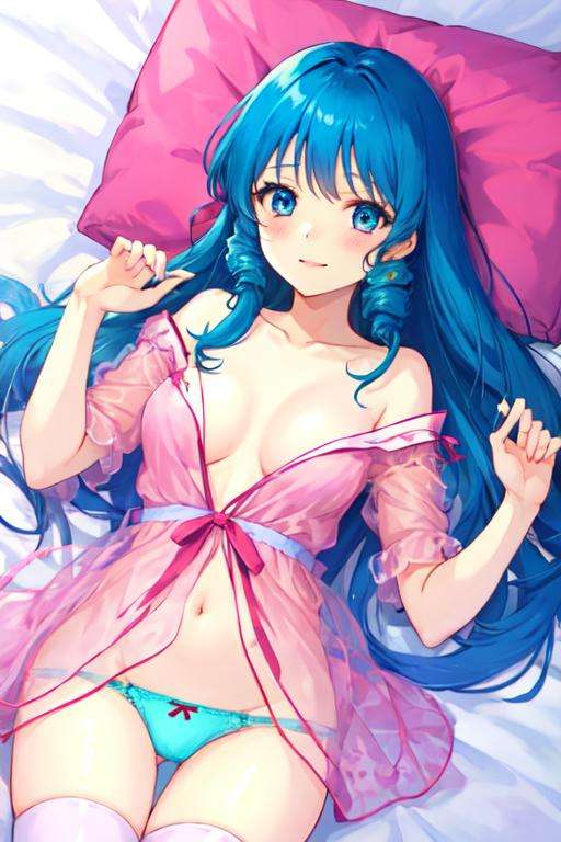 lynn minmay, 1girl, solo, underwear, panties, thighhighs, topless, breasts, bed, long hair, blue hair, medium breasts, underwear only, blue eyes, twin drills, 