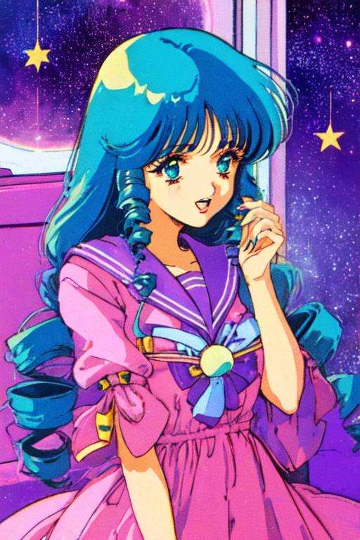 lynn minmay, 1girl, solo, blue hair, twin drills, standing, upper body, in spacestation, window, stars, (retro artstyle:1.5), 