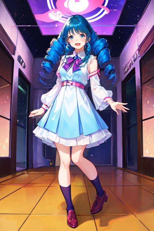 lynn minmay, 1girl, solo, blue hair, twin drills, standing, full body, 