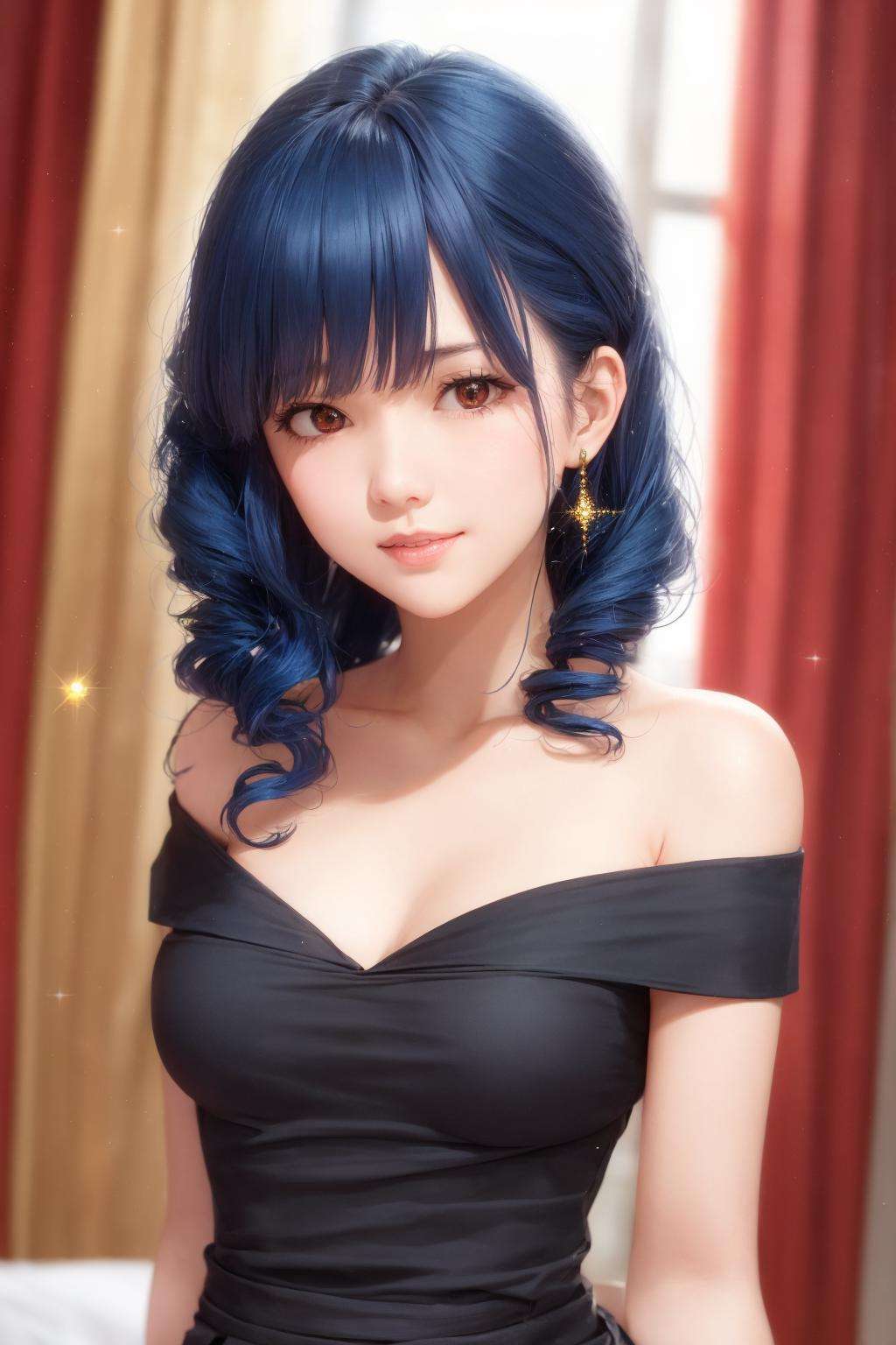 lynn minmay, 1girl, solo, twin drills, blue hair, upper body, bare shoulders, black dress, sparkle, 