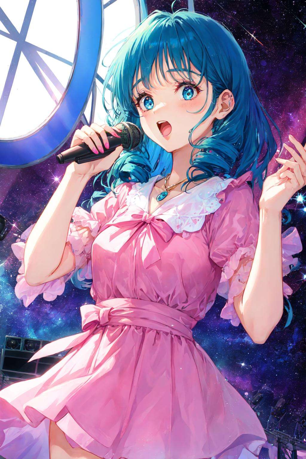 lynn minmay, 1girl, solo, twin drills, blue hair, idol, pink dress, singing, microphone, on stage, space, window, (retro artstyle:1.2), 