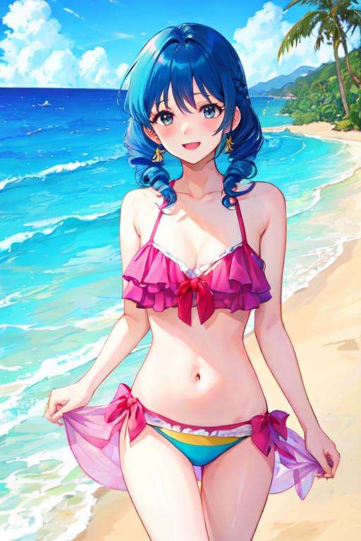 lynn minmay, 1girl, solo, twin drills, blue hair, bikini, beach, 