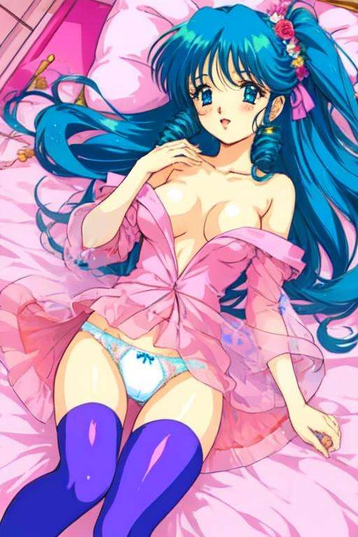 lynn minmay, 1girl, solo, underwear, panties, thighhighs, topless, breasts, bed, long hair, blue hair, medium breasts, underwear only, blue eyes, twin drills, (retro artstyle:1.2), 