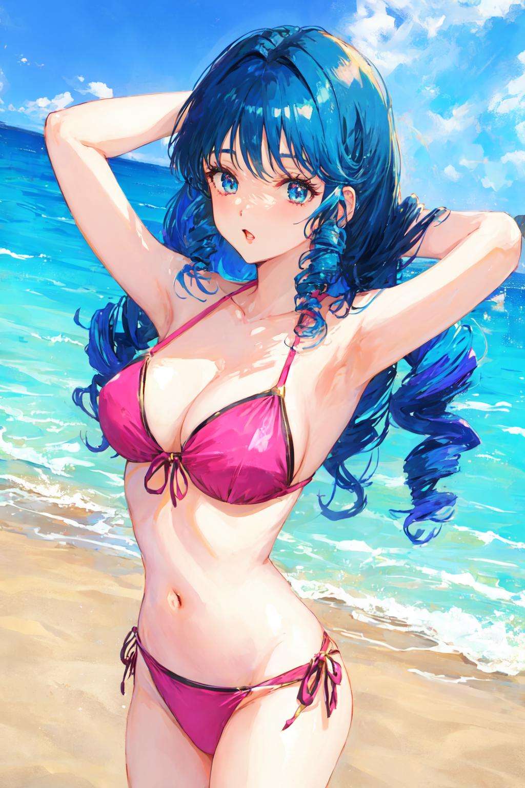 lynn minmay, 1girl, solo, twin drills, blue hair, bikini, photo shoot, posing, (retro artstyle:1.1), beach, arms behind head, 