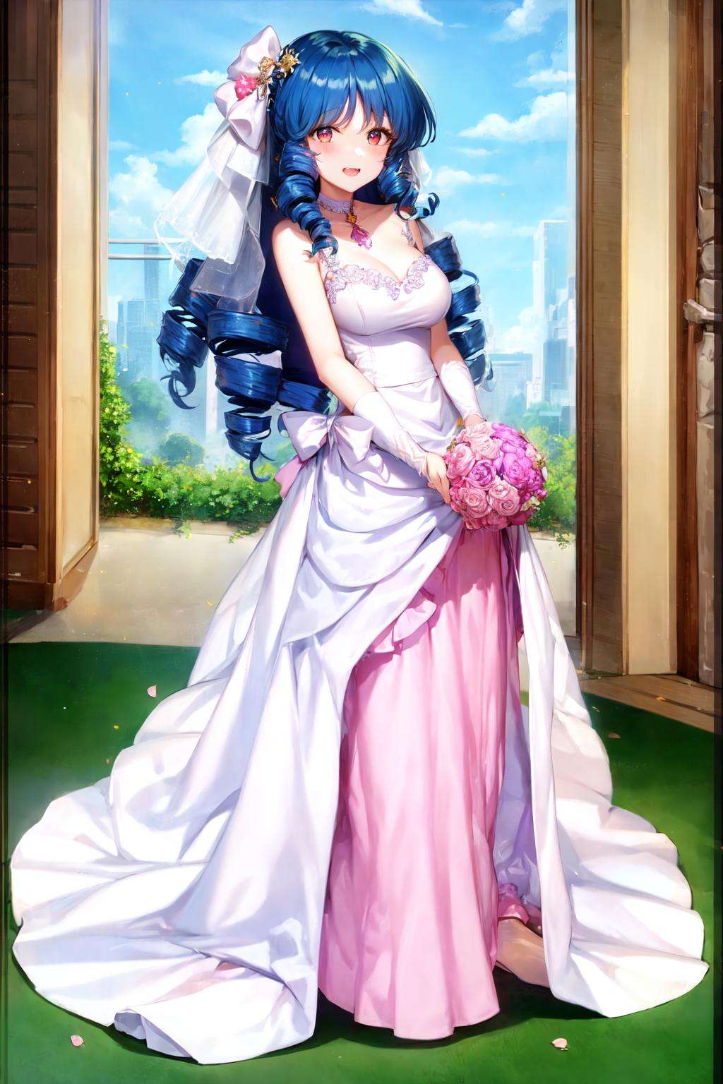 lynn minmay, 1girl, solo, twin drills, blue hair, wedding dress, standing, full body, 