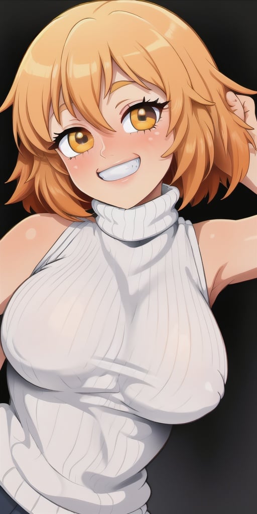 masterpiece,best quality,detailed faces and eyes,1girl, breasts, orange_shirt, solo, short_hair, smile, sweater, turtleneck, ribbed_sweater, blush, sleeveless, orange_sweater, looking_at_viewer, brown_eyes, outline, blonde_hair, upper_body, bare_shoulders, brown_hair, grin, sleeveless_turtleneck, yellow_eyes,cartoon 