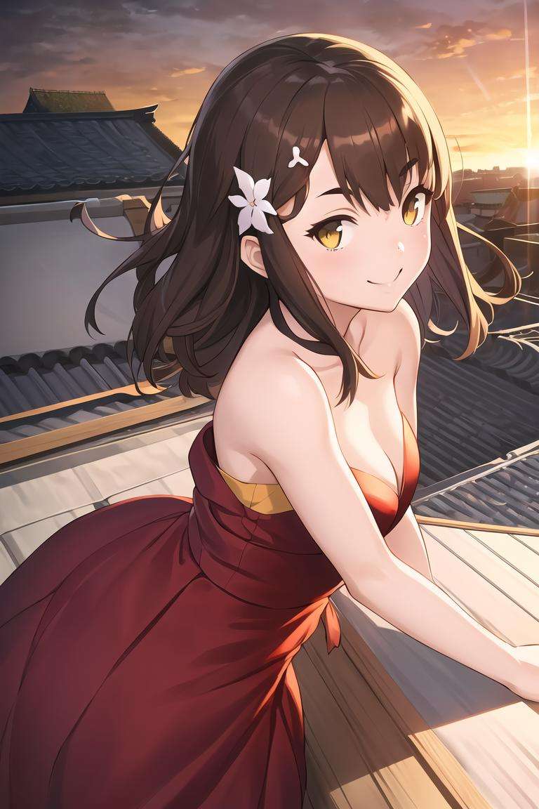 hajime, 1girl, red dress, brown hair, rooftop, school, sunset, short hair, hair ornament, smile, (bare shoulders:1.3), ilya kuvshinov, krenz cushart, greg rutkowski, pixiv top monthly, trending on artstation, cinematic, danbooru, zerochan art, kyoto animation