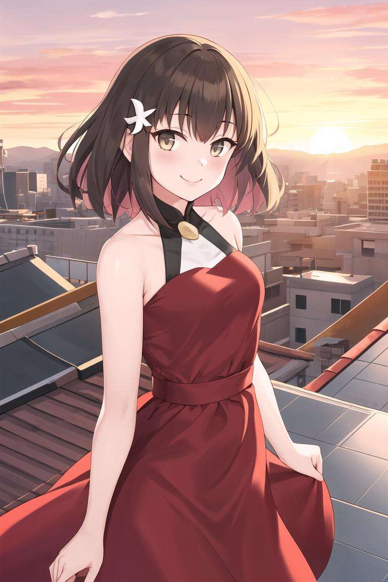 hajime, 1girl, red dress, rooftop, school, sunset, short hair, hair ornament, smile, bare shoulders,