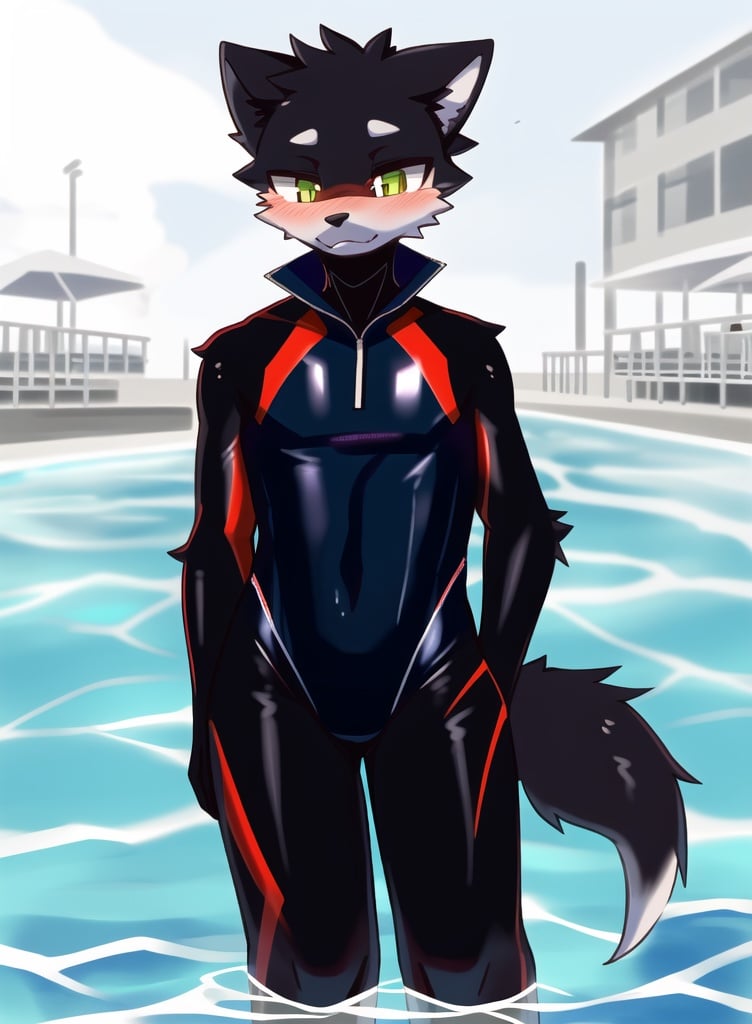 furry,kemono,black_wolf,shota,standing,swim_suit