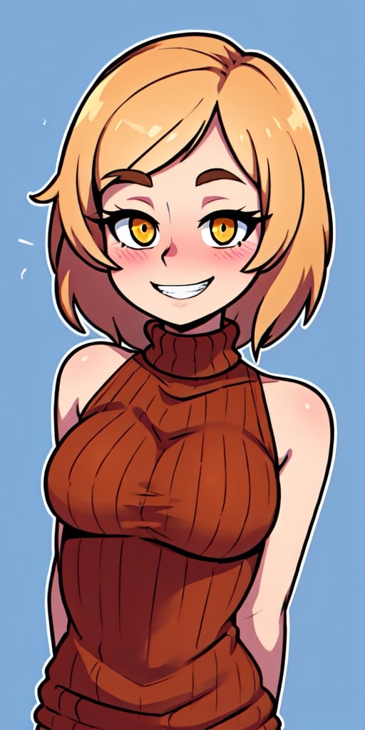 masterpiece,best quality,detailed faces and eyes,1girl, breasts, orange_shirt, solo, short_hair, smile, sweater, turtleneck, ribbed_sweater, blush, sleeveless, orange_sweater, looking_at_viewer, brown_eyes, outline, blonde_hair, upper_body, bare_shoulders, brown_hair, grin, sleeveless_turtleneck, yellow_eyes,cartoon 