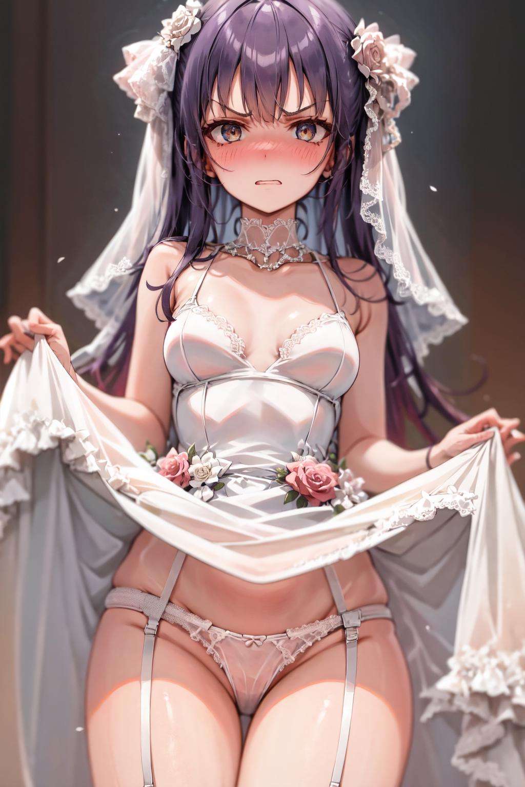 1girl, wedding dress, angry, full-face blush, dress lift, nsfw, white panties, garter straps,, detailed background, masterpiece, best quality,