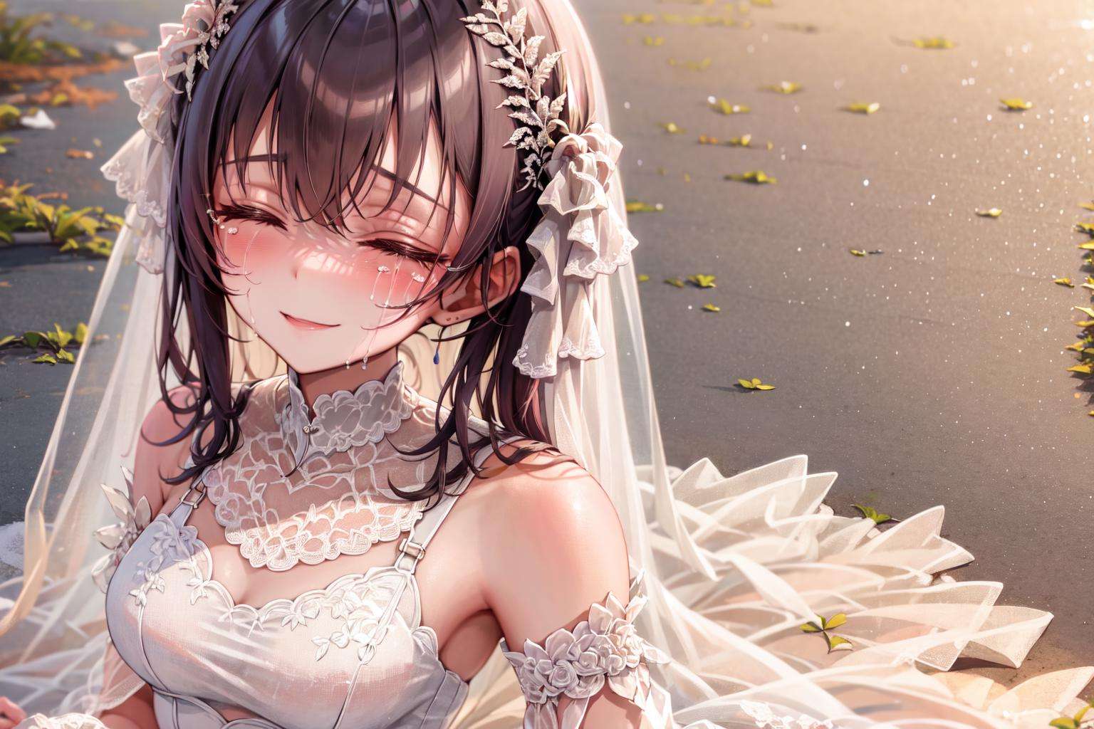 1girl, wedding dress, happy, closed eyes, crying,, detailed background, masterpiece, best quality,